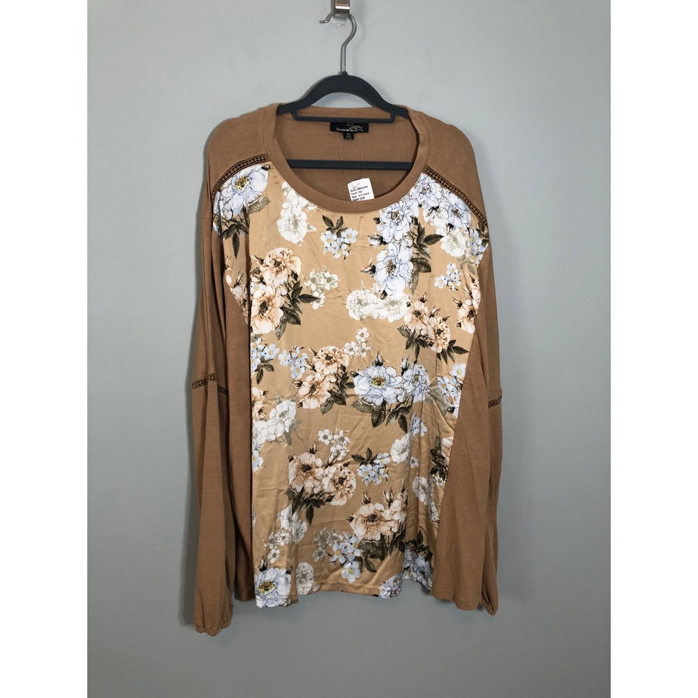 NEW Suzanne Betro Top Women 4X Brown Floral Faggoting Trim Long Sleeve